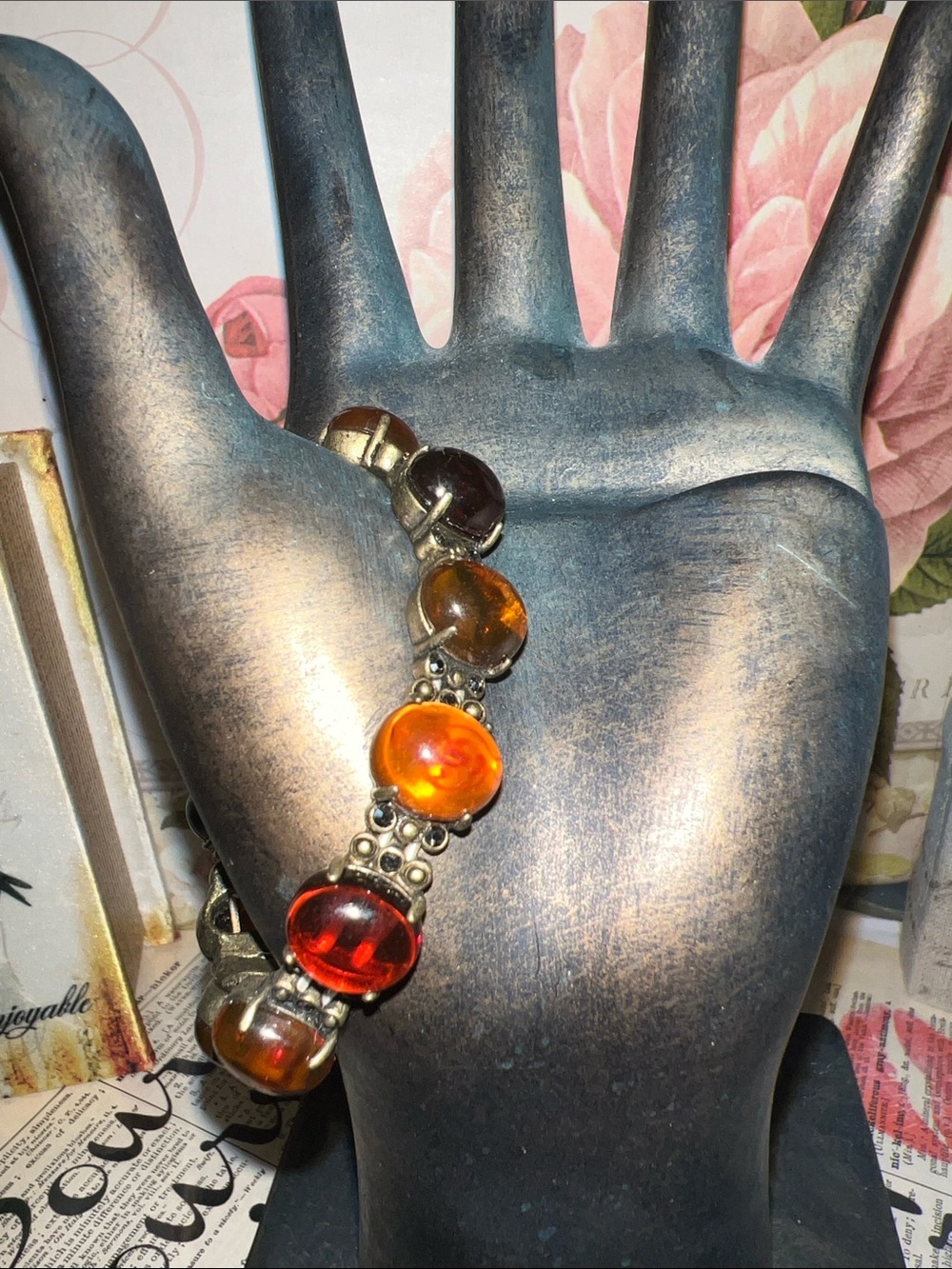 Women's Amber colored & Garnet Glass Cabochon Stretch Bracelet